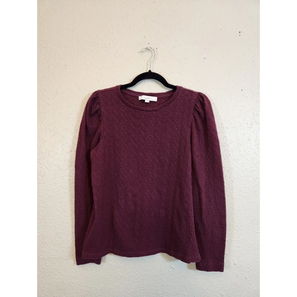 LOFT Womens Medium Burgundy Knit Top Puff Sleeve Textured Crew Neck Long Sleeve